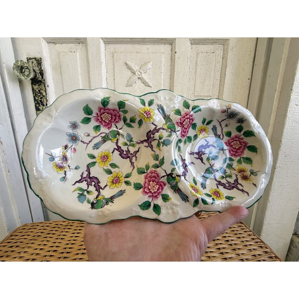 Vintage 50's James Kent Foley Staffordshire Chinese Rose Divided Dish Birds - Picture 2 of 11